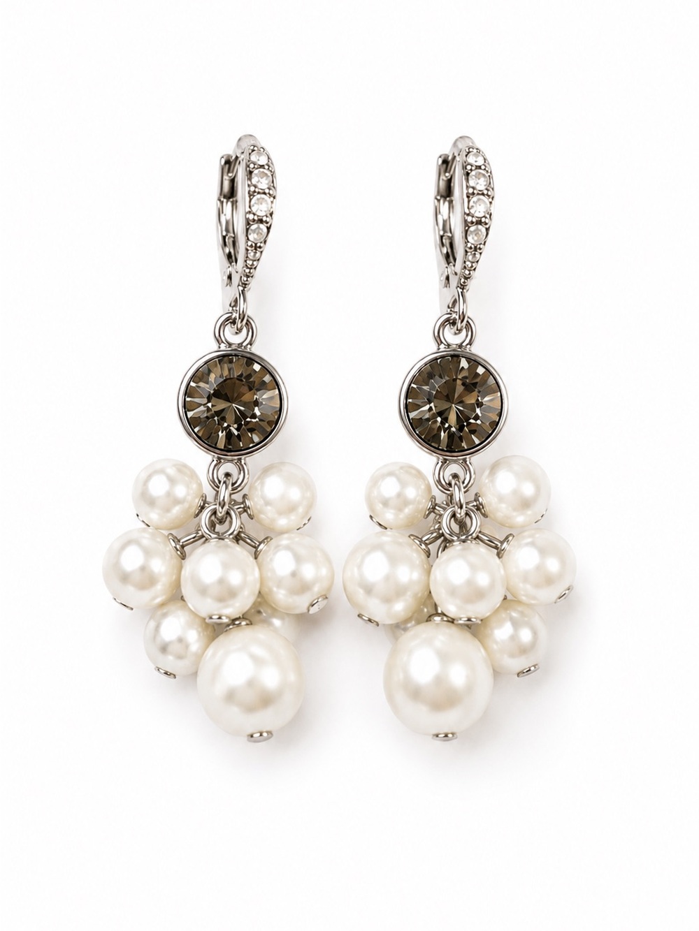 Givenchy Faux Pearl Cluster Drop Earrings – Silver Tone Crystal Accent Statement